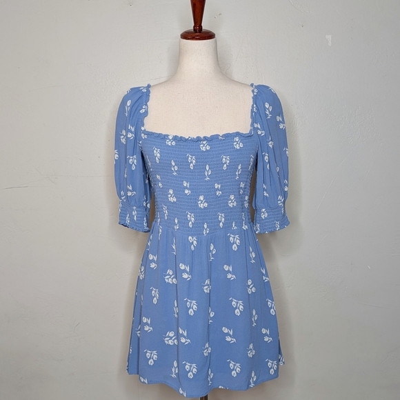 Reformation‎ Elle Shirred Floral-print Georgette Mini Dress Blue Size 12 - Picture 3 of 8